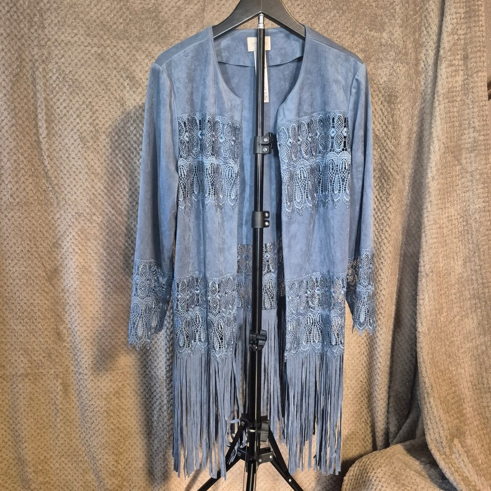 Chicos Faux Suede Lace Fringe Duster Cardigan Blue Boho Western Size 2 Large